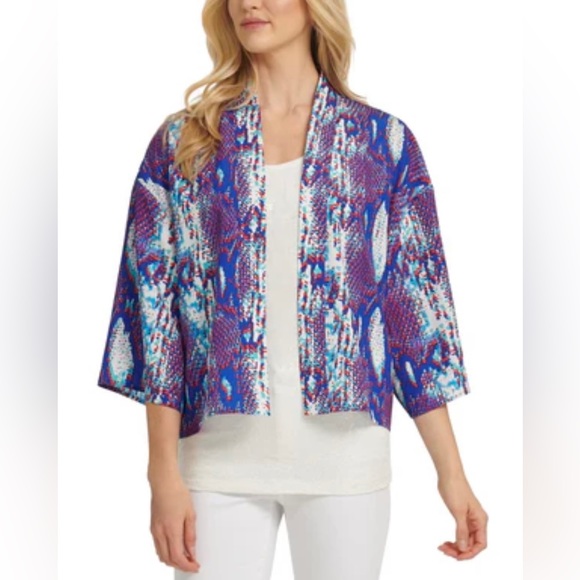 DKNY WOMEN'S SNAKE-PRINT OPEN-FRONT JACKET WHITE SIZE SMALL - Picture 1 of 5